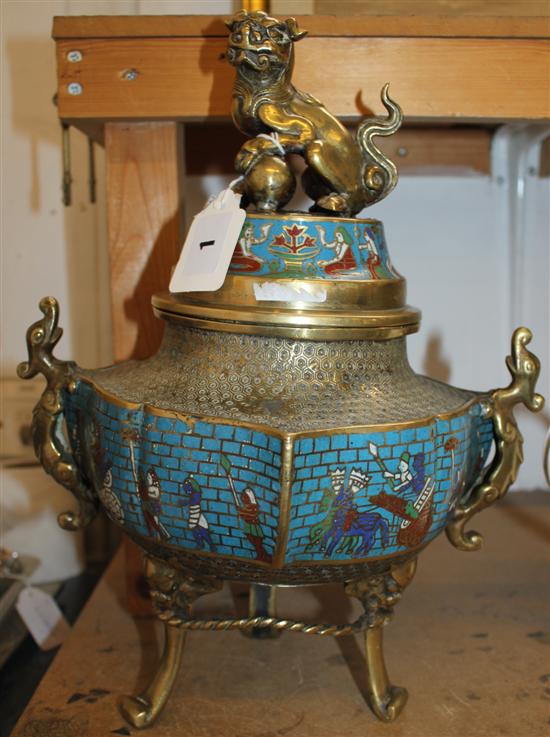A large Japanese Champleve enamel Koro and cover